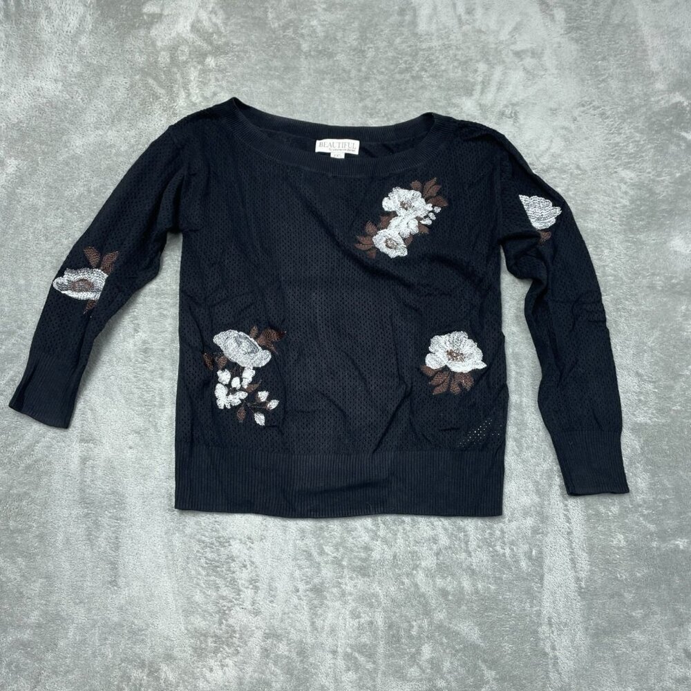 Beautiful By Lawrence Zarian Floral Knit Black Sweater XXS Cotton Blend a1557
